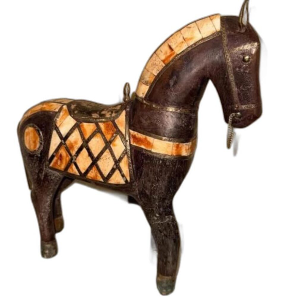 Vintage Hand Carved Wood Horse Figurine‎ Bone Inlay Folk Art Decor